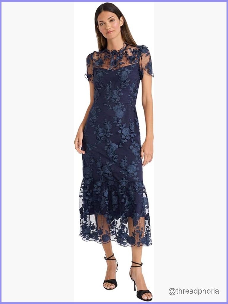 Floral Embroidered Midi Dress, High Neck Cocktail Wedding Guest